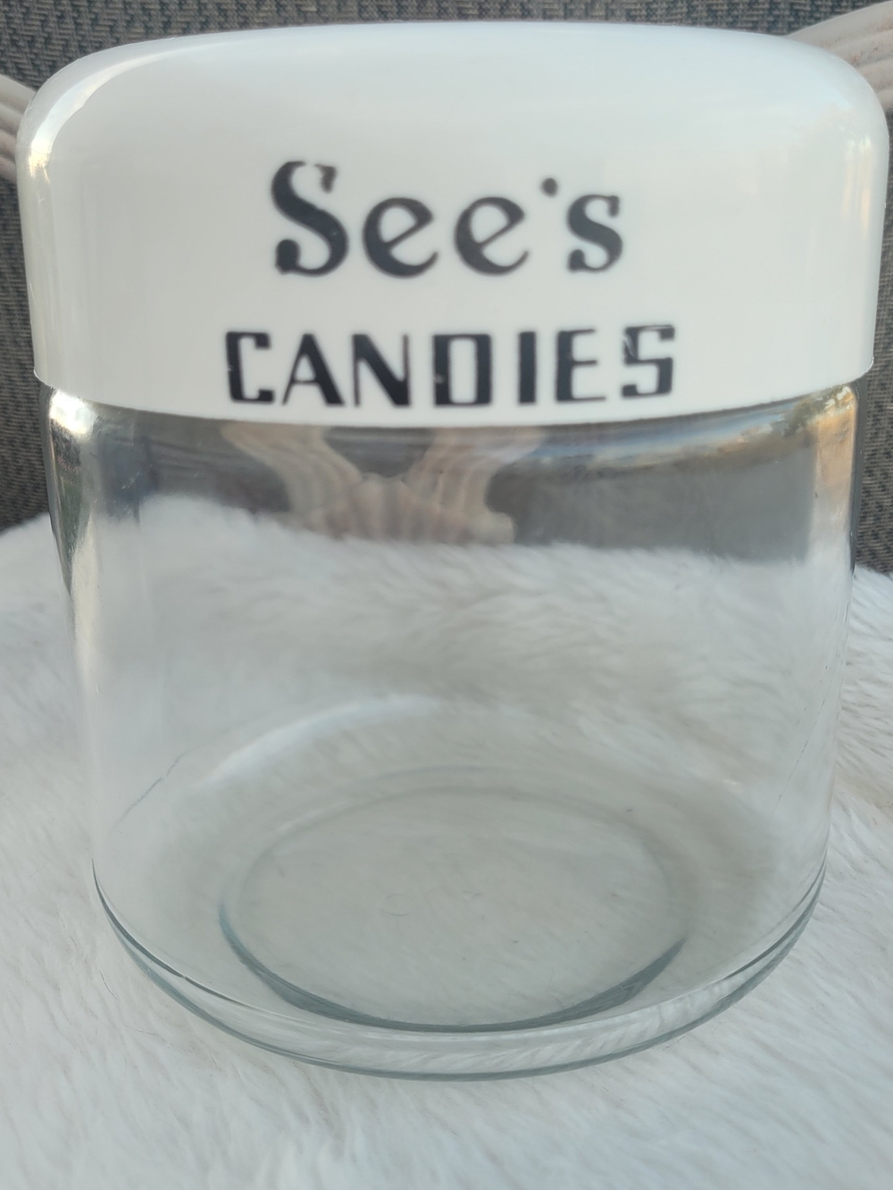 Vintage See's Candies White Glass Candy Jar